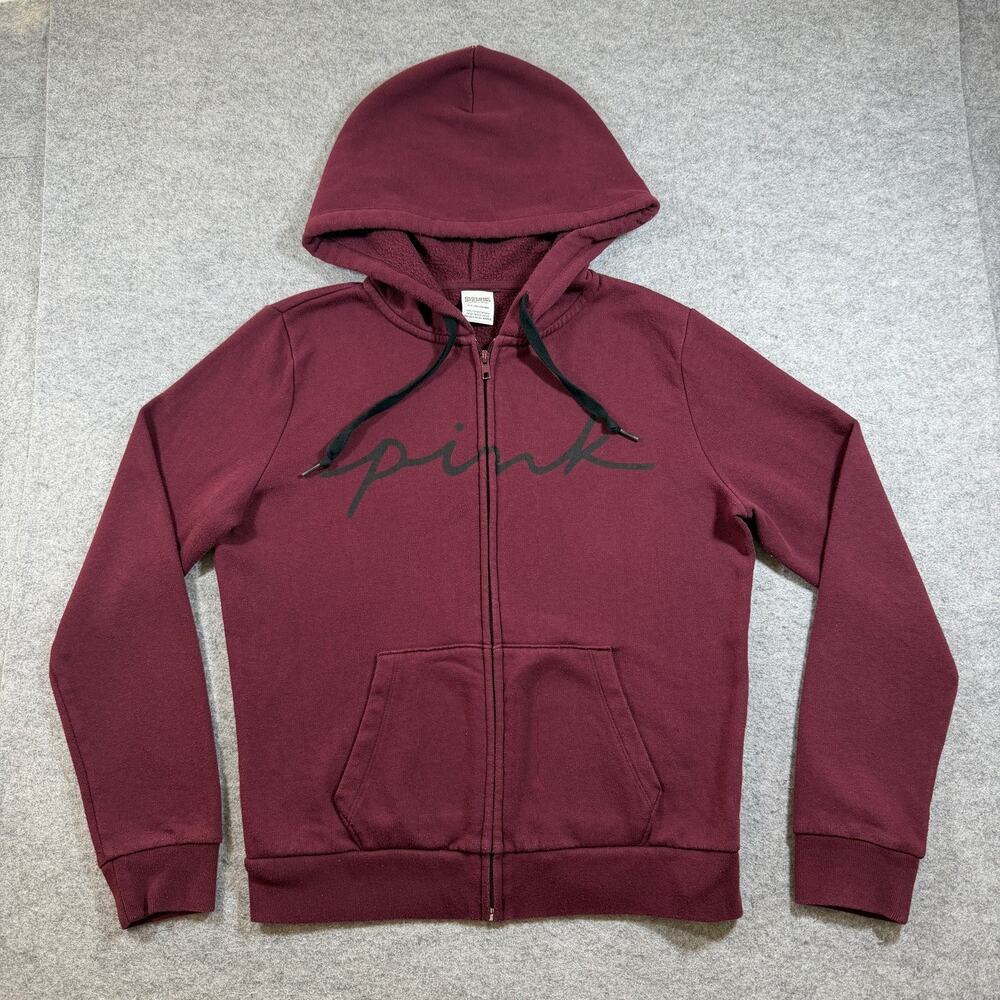 PINK Victoria's Secret Full Zip Hoodie Womens S Maroon Burgundy Fleece Lounge